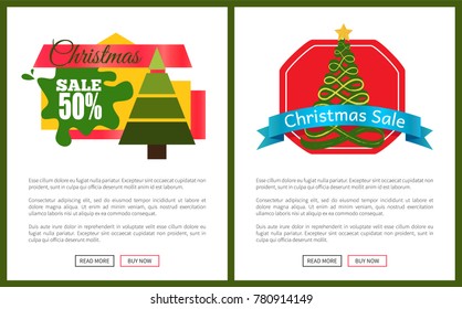 Christmas sale off card vector illustrations with Christmas trees, advertising text, push-buttons isolated on white backgrounds with grey frames