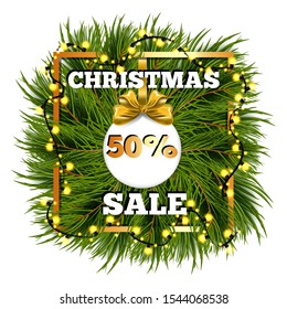 Christmas sale off template with fir tree and decorations. Winter Festive holiday template. Seasonal advertising for banner, poster