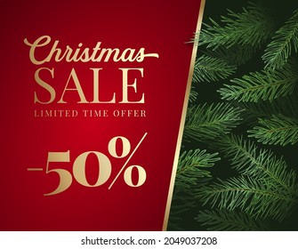 Christmas Sale Offer Advertising Vector Greeting Card or Poster. Pine Branches Background with Red Copy Space Banner and Golden Typography. Winter Holidays Discount Promo Decoration Template.
