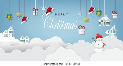 Christmas sale offer banner. Blue Sky and White Clouds Background Xmas design of Paper art cut out background graphics business offer with gift box, houses, snowman, snowflake, star, bell.