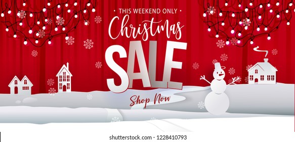 Christmas sale offer banner. Paper art cut out background graphics business offer with garland lights, houses, snowman. Vector illustration. Red and white colors. Vintage style.