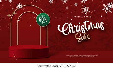 Christmas Sale Offer Podium Background and Sale Hanging for Christmas sale concept. Sale Christmas collection. 50% Off Discount.
