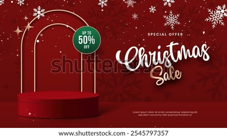 Christmas Sale Offer Podium Background and Sale Hanging for Christmas sale concept. Sale Christmas collection. 50% Off Discount.
