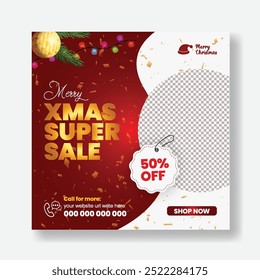 Christmas Sale Offer Social Media Banner Post Design Template, Christmas background illustration for xmas celebration party invitation greeting card, frame, web advertising ads design
