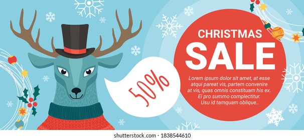 Christmas sale offers promotion vector illustration. Cartoon cute smiling deer in top hat among Xmas decoration snowflakes offering big Christmas sale, discount price in store promo banner background