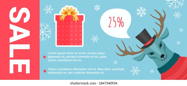 Christmas sale offers promotion vector illustration. Cartoon cute smiling deer in top hat among Xmas decoration snowflakes offering big Christmas sale, discount price in store promo banner background