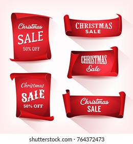 Christmas Sale On Parchment Scroll Set/
Illustration of a set of christmas sale on red parchment scroll, for winter holidays