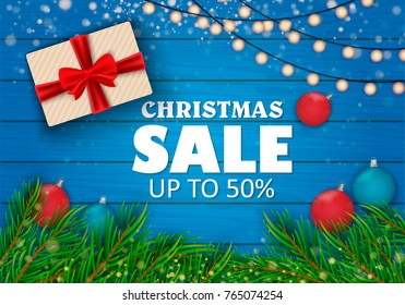 Christmas sale on red background. Christmas toys. Vector illustration