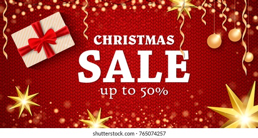 Christmas sale on red background. Christmas toys. Vector illustration