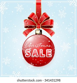 Christmas sale on red Christmas balls with bow and snowflakes, illustration.