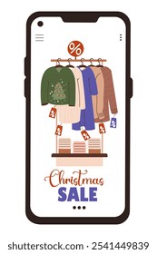 Christmas Sale. Online Shopping. New Year Shop rack with fashionable clothes and ugly xmas sweater with tree on hangers in phone. Vector illustration. Holiday store in smartphone