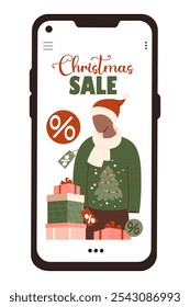 Christmas Sale. Online Shopping. New Year Mannequin in Santa hat, Xmas ugly sweater with tree, tags and gift boxes on screen in phone. Vector illustration. Holiday store in smartphone