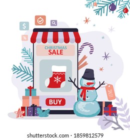 Christmas sale in online store. Concept of e commerce and seasonal discount. Christmas gift socks on mobile phone screen. Online new year shopping. Banner in trendy style. Flat vector illustration