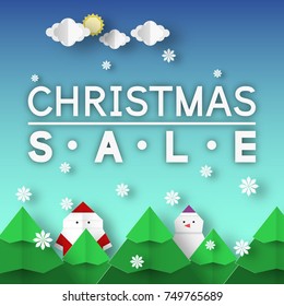 Christmas Sale origami banner. Paper Xmas discount template with landscape for coupon special offer. Vector folded scene.