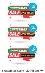 Christmas sale origami labels set. Sale 45%, 55%, 65% off discount. Vector illustration