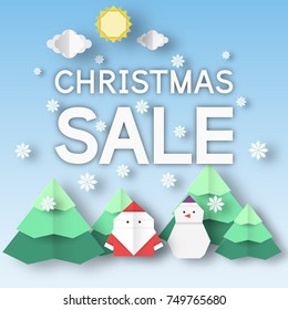 Christmas Sale paper background. Xmas discount banner with folded landscape for big offer. Vector origami composition.