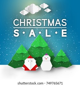 Christmas Sale paper banner. Xmas discount template with origami landscape for coupon special offer. Vector folded background.