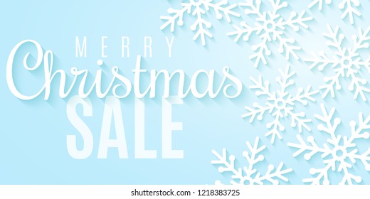 Christmas sale. Paper cut white snowflakes. Big discounts. Special offer. Seasonal web banner. Vector illustration. EPS 10