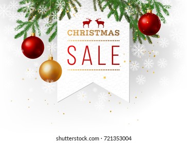 Christmas sale paper emblem over holiday background. Vector illustration. Can be used on your web site or shop show-window