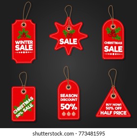 Christmas sale paper tag banner holiday discount xmas winter offer advertising shopping promotion vector illustration. Price card poster special promotion tag. Clearance greeting shop sticker.