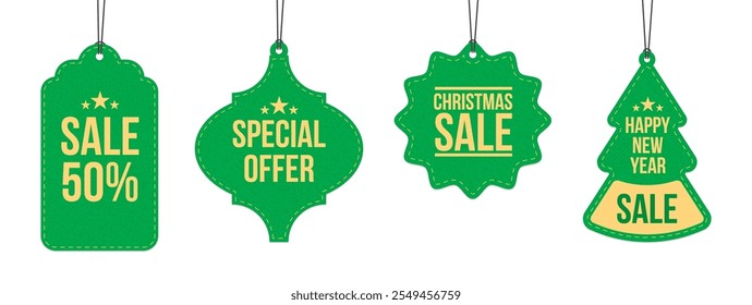 Christmas sale paper tags in various shapes, discounts label, Christmas banner, paper texture sticker, sale hanging, xmas decor ornament. Vector illustration.