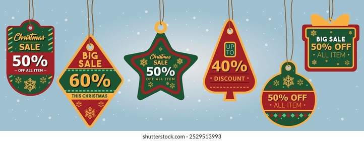 Christmas sale paper tags vector set with different shapes. Merry Christmas discount coupon collection. Hand drawn elements hanging with discount text for Christmas. Special offer vector tag. 