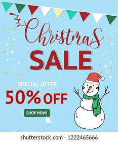 Christmas sale paster with Snowman. Vector illustration.
