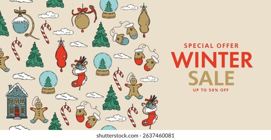 Christmas sale, pattern. Hand drawn illustration.	