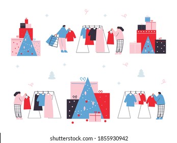 Christmas sale people in the boutique template vector. Cartoon flat happy people shopping in a store. Men and women choose clothes. Holiday sale, christmas tree, family fun, snow, winter.