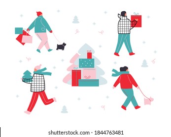 Christmas sale. People flat illustration template. Cartoon flat happy people running after shopping. Hand drawn vector abstract people walking in winter clothing and surprise gift boxes. 