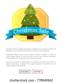 Christmas sale picture with pretty New Year tree vector illustration with ad text on glossy blue ribbon isolated on light yellow pattern push-buttons