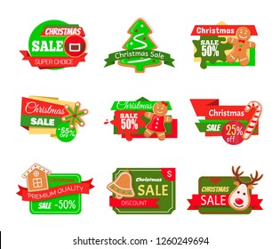 Christmas sale pine tree and gingerbread man cookie vector. Spruce and snowflake, reindeer with horns, bell biscuits candy house and Santa Claus belt