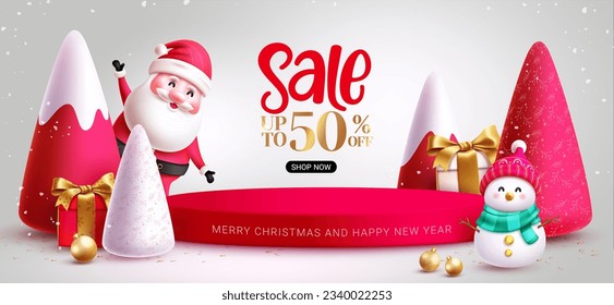 Christmas sale podium vector banner design. Merry christmas and happy new year greeting text with santa claus and snow man characters in stage podium background. Vector illustration product display 