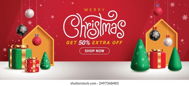 Christmas sale podium vector banner design. Merry christmas greeting text with 50% off discount promo for shopping promotion backdrop in red background. Vector illustration xmas season sale banner.  
