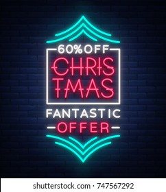 Christmas sale poster advertising banner in neon style isolated vector illustration. Glowing neon sign, night bright advertising sell-off for Christmas