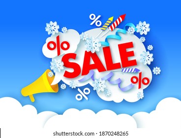 Christmas sale poster, banner design template. Vector illustration in paper art craft style. Firecrackers, serpentine, snowflakes, percent discount signs flying out of megaphone. Christmas discounts.