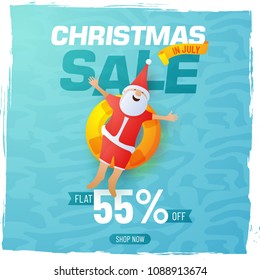 Christmas sale poster, banner or flyer design with happy Santa Claus and flat 55% off offers on blue background.