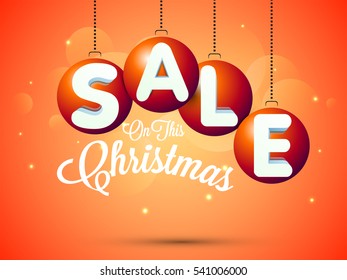 Christmas Sale Poster, Banner or Flyer design decorated with hanging xmas balls.