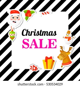 Christmas SALE. Poster, banner with stickers. Cartoon style. Trendy background with stripes. Vector illustration. Eps10