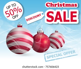 Christmas sale poster or banner with three Christmas balls. Vector illustration.