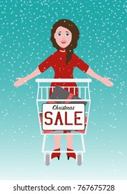 Christmas sale poster. Buyer with shopping cart. Snowy background. Vector illustration
