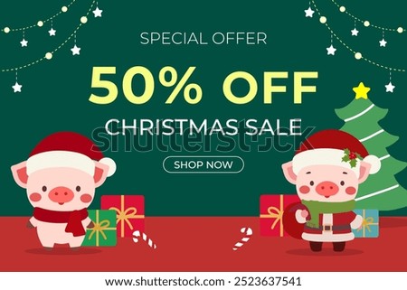 Christmas Sale Poster with Cute Santa Pig Characters. 50% Off Holiday Offer Featuring Adorable Pig Illustrations. Festive Christmas Sale with Charming Santa Pigs.