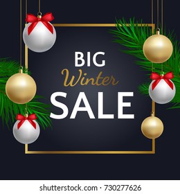 Christmas sale poster design. 3d realistic vector design. Black sale banner with 3D gold balls, green christmas tree and gold frame.
