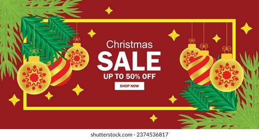 Christmas Sale poster design with 50% discount offer, hanging bauble, pine leaves and golden stars on red background