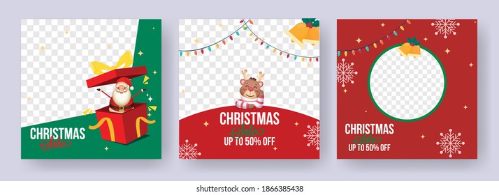 Christmas Sale Poster Design With Best Discount Offers And Space For Image In Three Options.