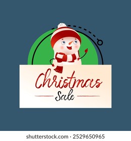 Christmas Sale poster design with cartoon cute snowman. Calligraphy with funny snowman in hat and scarf on abstract background. Can be used for sales, discounts, shops