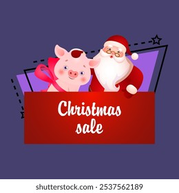 Christmas sale poster design with cartoon Santa and piggy. Creative lettering with funny piglet and Santa Claus on abstract background. Can be used for advertising, shopping, seasonal sale