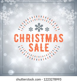 Christmas sale poster design. Holiday shopping. Discount offer. Vintage badge with winter background