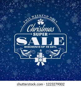 Christmas sale poster design. Holiday shopping. Discount offer. Vintage badge with winter background