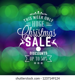 Christmas sale poster design. Holiday shopping. Discount offer. Vintage badge with winter background